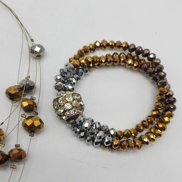 Gold Bronze Multi Strand Bead Necklace Matching Earrings Stretch Bracelet - Picture 2 of 8